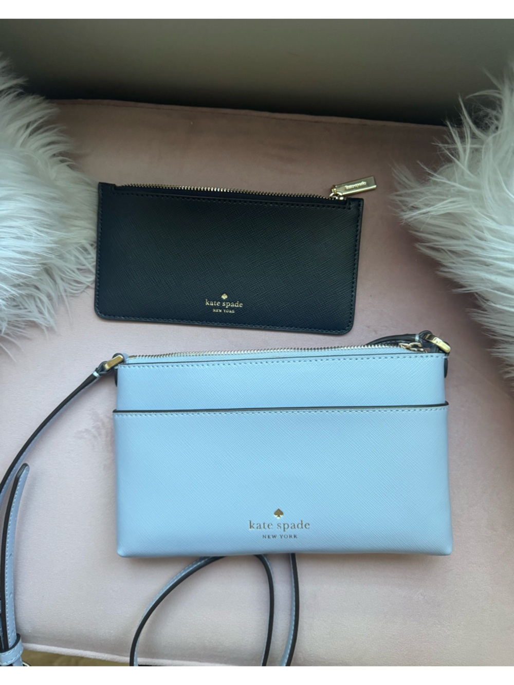 kate spade Blue Zip Wallet and Light Purple Crossbody Shoulder Bag